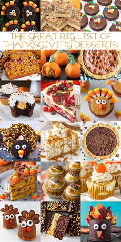 a collage of thanksgiving desserts with turkey, pumpkins and other treats on them