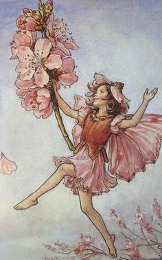 a painting of a girl with pink flowers on her head and arms in the air