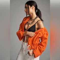 New With Tags Smoke And Pet Free Home Cropped Summer Outerwear For Day Out, Cropped Outerwear For Summer Day Out, Orange Outerwear For Spring Day Out, Red Cropped Outerwear For Spring, Casual Orange Summer Outerwear, Grey Trench Coat, Orange Satin, Green Sequins, Bomber Jackets