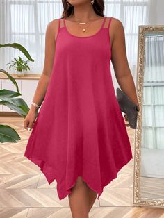 Plus Size Women Double Straps Asymmetrical Hem Summer Dress Hot Pink Casual  Sleeveless Fabric Plain Cami Medium Stretch  Women Plus Clothing, size features are:Bust: ,Length: ,Sleeve Length: Plus Size Dresses Casual Summer Shein, Cheap Mini Length Beachwear Dresses, Cheap Mini-length Beachwear Dresses, Cheap Asymmetrical Hem Dress For Summer, Short Dress Patterns, Simple Dress Casual, Classy Short Dresses, Fancy Short Dresses, Easy Dress Sewing Patterns