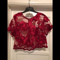 Nice Sexy Wine Top Party Cropped Lace Top, Sheer Short Sleeve Crop Top For Party, Flirty Cropped Top For Date Night, Glamorous Red Blouse, Flirty Cropped Top For Party, Flirty Crop Top For Date Night, Red Fitted Top For Party Season, Flirty Lace Top For Night Out, Red Summer Evening Crop Top