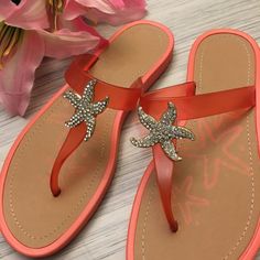 (R) Sandal Has 1 Missing Stone, Picture Below Red Jelly Sandals For Summer Beach, Red Round Toe Jelly Sandals For Beach, Red Flat Jelly Sandals For Beach, Summer Jelly Sandals For Beach Season, Orange Beach Sandals, Red Open Toe Jelly Sandals For Beach, Orange Flip Flops For Beach Season, Orange Summer Flip Flops For Vacation, Summer Orange Flip Flops For Beach