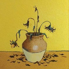 a painting of a vase with flowers in it on a yellow surface next to a wall