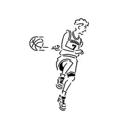 a black and white drawing of a basketball player dribbling the ball with his hand