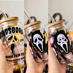 three pictures of someone holding up two glass jars with stickers on them, one has a ghost face and the other has a pink heart