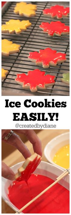 an image of ice cookies being made with red and yellow icing on a grill