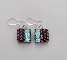 "I fuse 3 layers of glass to create this gorgeous earring ,black opaque glass as base ,dichroic glass in the middle and clear glass on the top. The size is 3/8\" by 3/8\" .All my jewelry come in a nice gift box." Dichroic Jewelry, Fused Glass Earrings, Fused Glass Jewelry, Dichroic Glass, Glass Earrings, Gorgeous Earrings, Glass Jewelry, Fused Glass, My Jewellery