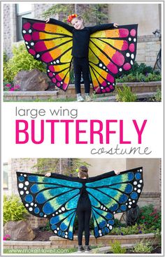 two pictures with the words, large wing butterfly costume and a child in black shirt