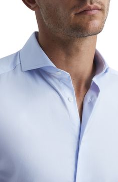 A French placket and cutaway collar emphasize the smart, simple detailing of a shirt tailored from cotton twill and styled to complement any semiformal look. 30" length; 39" chest (size Medium) Cutaway collar Long sleeves with one-button cuffs 100% cotton Machine wash, line dry Made in Turkey Cotton Business Shirt With Collar, Office Wear Shirt With Spread Collar And Buttons, Semi-formal Collared Shirt With Placket, Semi-formal Collared Shirt, Timeless Button-up Shirt For Business Casual, Semi-formal Button-up Shirt With Placket, Cotton Dress Shirt With Collar For Office, Semi-formal Button-up Shirt, Timeless Semi-formal Button-up Shirt