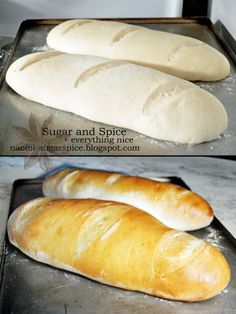 bread loafs on a baking sheet before and after they are baked in the oven