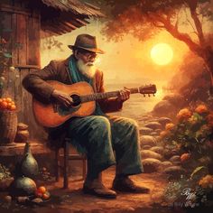 an old man sitting on a chair with a guitar in his lap and the sun setting behind him