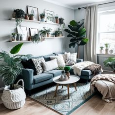 a living room filled with furniture and plants