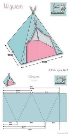 a blue and pink tent is shown with measurements for the top, bottom and bottom