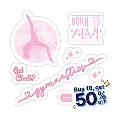 the stickers are pink and white, with different designs on each one side that says born to fly