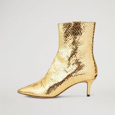 null Gold Ankle-high Boots For Evening, Chic Gold Ankle-high Boots, Gold Ankle-high Boots With Reinforced Heel, Kitten Heel Ankle Boots, Peep Toe Ankle Boots, Metal Fashion, Leather Boot Shoes, Spike Heels, Heel Ankle Boots