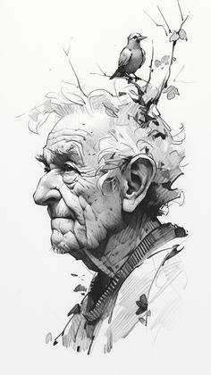 a drawing of an old man with birds on his head