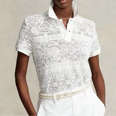 Polo Ralph Lauren Women’s Geometric-Lace Polo Shirt White Size Xxs Nwt $398 Featuring Allover Geometric Motifs, This Version Of Our Polo Shirt Combines Traditional Trim On The Collar, Placket And Armbands, With An Intricate Lace Shell And A Mesh Lining. Point Collar Short Sleeves Button Closures At Front Allover Lace Lined Made In India Designer White Tops For Workwear, Short Sleeve Lace Tops For Work, Lace Short Sleeve Tops For Work, Lace Tops For Summer Workwear, Designer White Short Sleeve Blouse, Luxury White Tops For Summer, Luxury White Summer Tops, White Lace Tops For Work, Geometric Lace