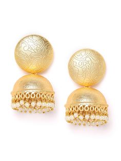 These simple & elegant gold-toned dome jhumki earrings are gold-plated, come with a unique pattern & beads, and are secured with a post and back closure. These handcrafted dome jhumkis can be paired with any traditional outfit to add a dash of subtle charm. Product color may vary based on the monitor or screen you are using.See FAQ for more details. Size Length: 5.5 cm Details Material: BrassStones: Artificial BeadsPlating: Gold-plated Traditional Festive Earrings With Bells, Traditional Festive Bell Earrings, Diwali Brass Jhumkas With Latkans, Traditional Brass Jhumkas With Latkans, Traditional Chandbali Jhumkas With Bells, Festive Brass Danglers With Latkans, Gold Plated Chandbali Traditional Jhumkas, Festival Gold Plated Cutdana Jhumkas, Brass Jhumkas With Latkans For Festivals