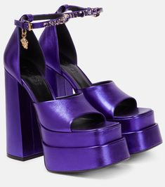 Leather Platform Heels For Galas, Party Platform Sandals In Calf Leather, Calf Leather Platform Sandals For Party, Platform Sandals In Calf Leather For Parties, Versace Shoes Women, Purple Heels, Versace Shoes, Accessories Bags Shoes, Leather Platform Sandals