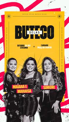 two women standing next to each other in front of a yellow and red poster with the words buttco