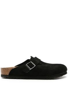 black calf suede buckle-strap fastening slip-on style round toe branded leather insole flat rubber sole Leather Slip-on Slippers With Buckle Closure, Black Suede Mules With Leather Footbed, Suede Slip-on Slippers With Buckle Closure, Suede Slip-on Mules With Buckle Closure, Suede Slippers With Buckle Closure And Round Toe, Black Suede Clogs With Suede Lining, Black Suede Slippers With Rubber Sole, Classic Suede Clogs With Buckle Closure, Black Suede Slip-on Slippers