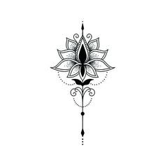 a black and white drawing of a lotus flower on a white background with an arrow in the center