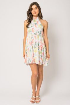 Floral print halter dress Spring Vacation A-line Floral Dress, Flowy Multicolor Sleeveless Dress For Spring, Printed A-line Sleeveless Dress For Vacation, Chic Printed A-line Mini Dress, Multicolor Printed Sleeveless Dress For Spring, Spring Multicolor Printed Sleeveless Dress, Spring A-line Sleeveless Dress For Beach, Multicolor Casual Sleeveless Dress For Spring, Multicolor Sleeveless Summer Dress For Brunch