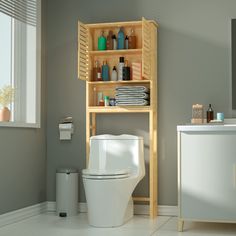 a white toilet sitting in a bathroom next to a wooden shelf