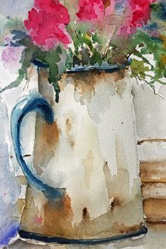 a watercolor painting of flowers in a watering can