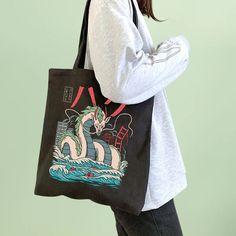 Anime Tote Bag, Canvas Bag Design, Women Cartoon, Cartoon Dragon, Teacher Bags, Beg Tangan, Vintage Shoulder Bag, Dragon Pattern, Women Wholesale