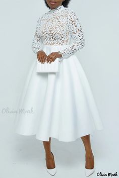 Olivia Mark - Elegant Lace Midi Dress with Flowy A-Line Silhouette White Gown Styles For Ladies, Classy Dress Outfits For Wedding Guest, English Gowns, Long Sleeve Lace Gown, Formal Wedding Guest Dress, Formal Wedding Guests, Classy Gowns, Lace Party Dresses, White Long Sleeve Dress