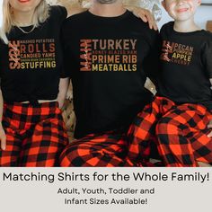 NOTE: SHIPPING ESTIMATES ARE BASED ON BUSINESS DAYS & EXCLUDE WEEKENDS/HOLIDAYS. PLEASE ALLOW up to 10 BUSINESS DAYS for your package to arrive. ORDERS made after Dec 9th may not  arrive before Christmas. Orders will still be processed after that date, so please take this into consideration when shopping. Thank you for your understanding! Celebrate Thanksgiving in style with these adorable family matching shirts! Perfect for family photos or holiday gatherings, these shirts feature a festive foo Family Matching Short Sleeve Tops For Fall, Father's Day Family Matching Long Sleeve Tops, Family Matching Tops For Father's Day Reunion, Family Matching Tops For Father's Day And Family Reunion, Family Matching Tops With Custom Print For Family Gatherings, Family Matching Tops With Letter Print For Gatherings, Family Matching Crew Neck Shirts For Gatherings, Family Matching Crew Neck Shirt For Family Gatherings, Family Matching Shirt With Letter Print For Events