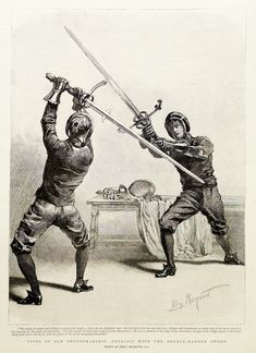 two men in uniforms are holding swords and facing each other