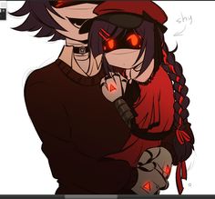 two people are hugging each other with red eyes on their faces and one is holding the other