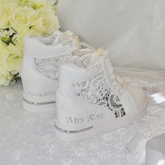 Bridal Trainers, Bride Sneakers, Lace Wedding Shoes, Wedding Wedges, Wedge Trainers, Heels Comfortable, Bridal Pumps, Lace Wedges, Bridal Design