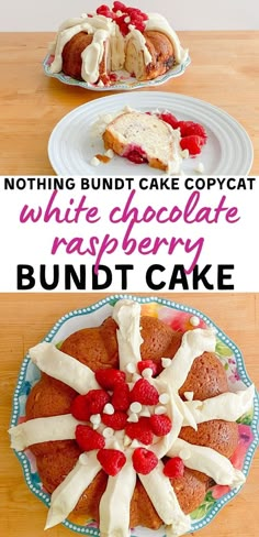 there is a cake with white chocolate and raspberry on it, and the bundt cake has been cut in half