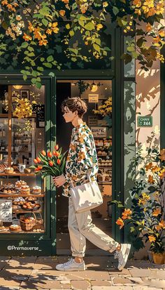 a painting of a woman carrying flowers in front of a storefront with orange and yellow flowers on it