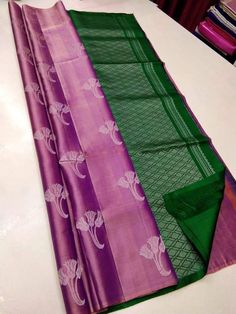 Soft Silk Sarees Latest, Contrast Colour Combination, Gold Silk Saree, Saree Color Combinations, Kanchi Saree, South Indian Wedding Saree, Plain Purple, Lace Blouse Design