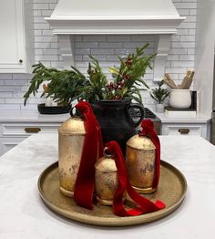 two old fashioned kettles on a plate with red ribbon around them and a potted plant in the background