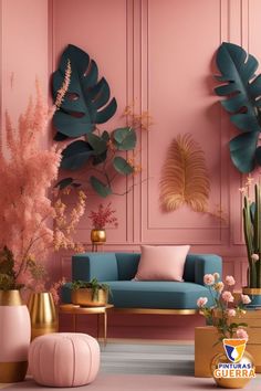 a living room with pink walls and blue couches, potted plants and gold vases