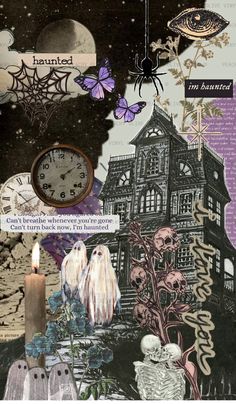 a collage of halloween images with a clock, ghost and spider web on it