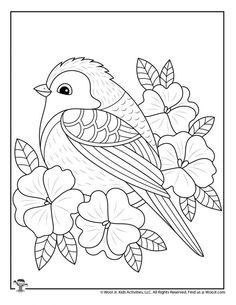 a bird sitting on top of flowers with leaves in it's beak, coloring page