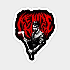 a sticker with the image of a man holding an ax in front of his face