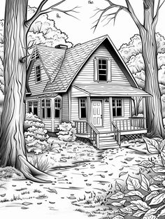 a black and white drawing of a house in the woods