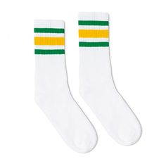 Green and Gold Striped Socks | White 80s Socks, Green Socks, Classic Americana, Comfy Socks, Modern Tech, Unique Color Combinations, Apparel Brand, Striped Socks, Tube Socks