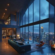 a living room filled with furniture and large windows overlooking the city at night in the evening