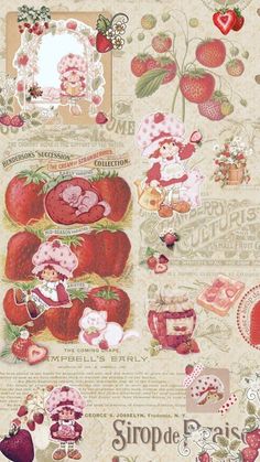 an old fashioned strawberry patchwork pattern with cherries and other items on the side