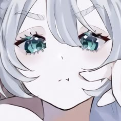 an anime character with white hair and blue eyes looks at the camera while holding her hand to her face