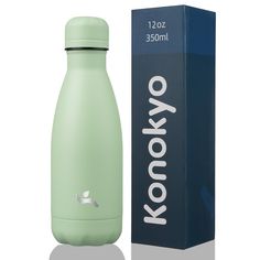 a green water bottle next to a box on a white background with the words konoko written across it