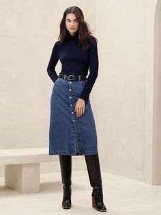 Denim Pencil Skirt Outfit, Fall Church Outfits Women, Navy Skirt Outfit, Church Outfit Women, Fall Business Outfits, Knee Length Jean Skirts, Church Outfit Fall, Blue Skirt Outfits, Denim Skirts Knee Length